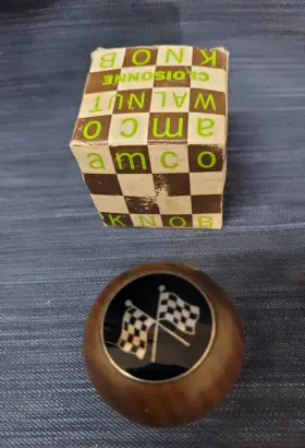 8234 Amco Nos Crossed Checkered Flag Cloisonne Walnut Shift Knob