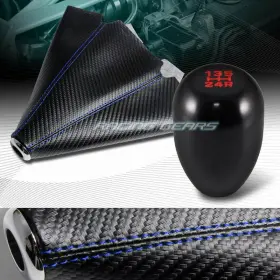 3-sbc-p0114-cf-bl Racing Gear Carbon Look Pvc Leather Manual Blue Stitch Shift Boot Black 5-speed Shifter Knob