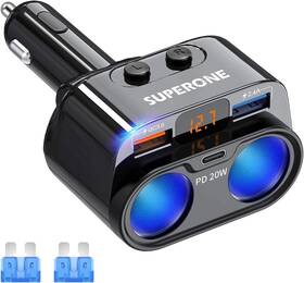 Superone C47pq 200w 2-socket Cigarette Lighter Splitter Power Adapter Usb C Car